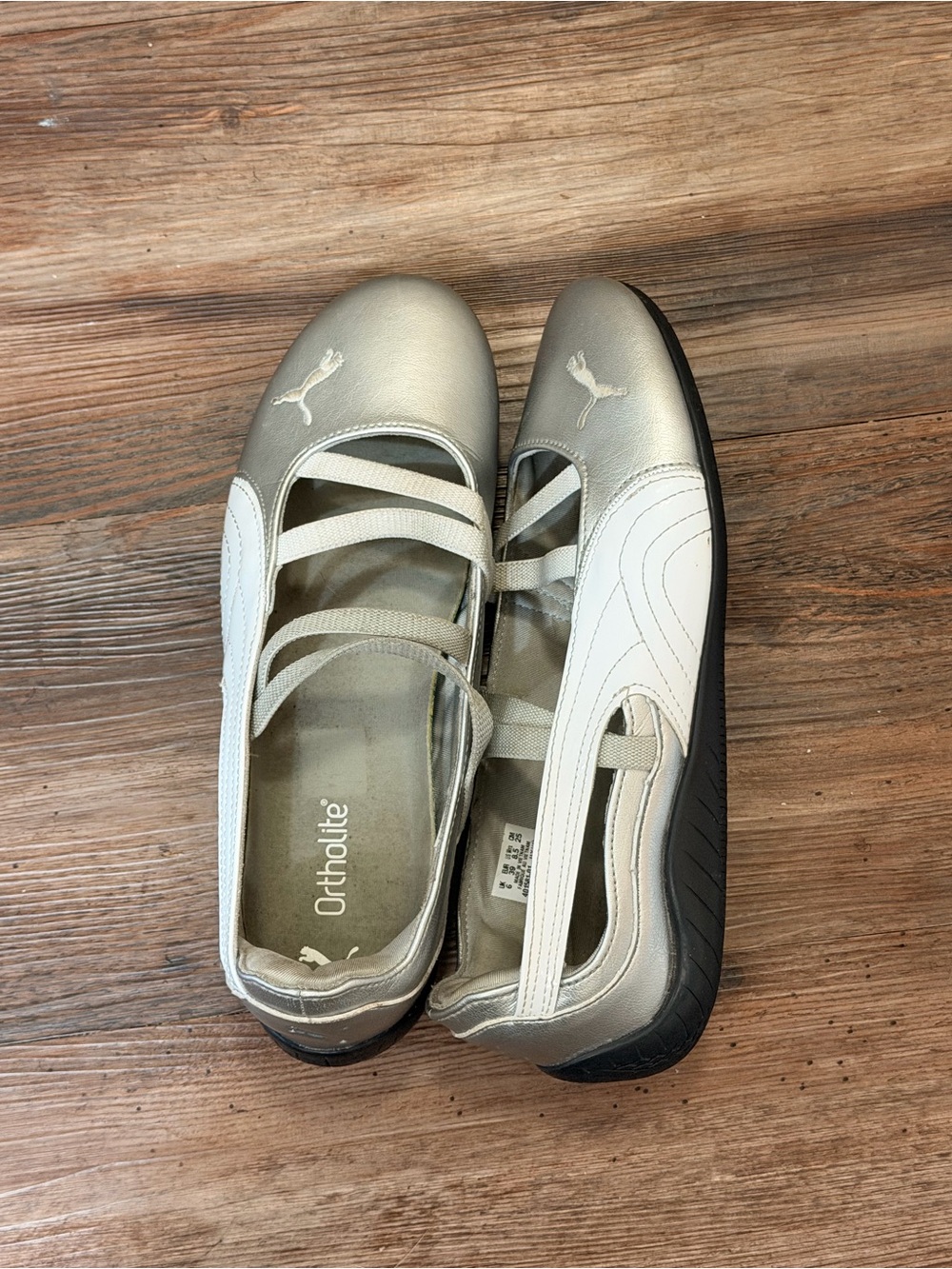 Puma Women's Silver and White Ballet-Style Flats with Straps